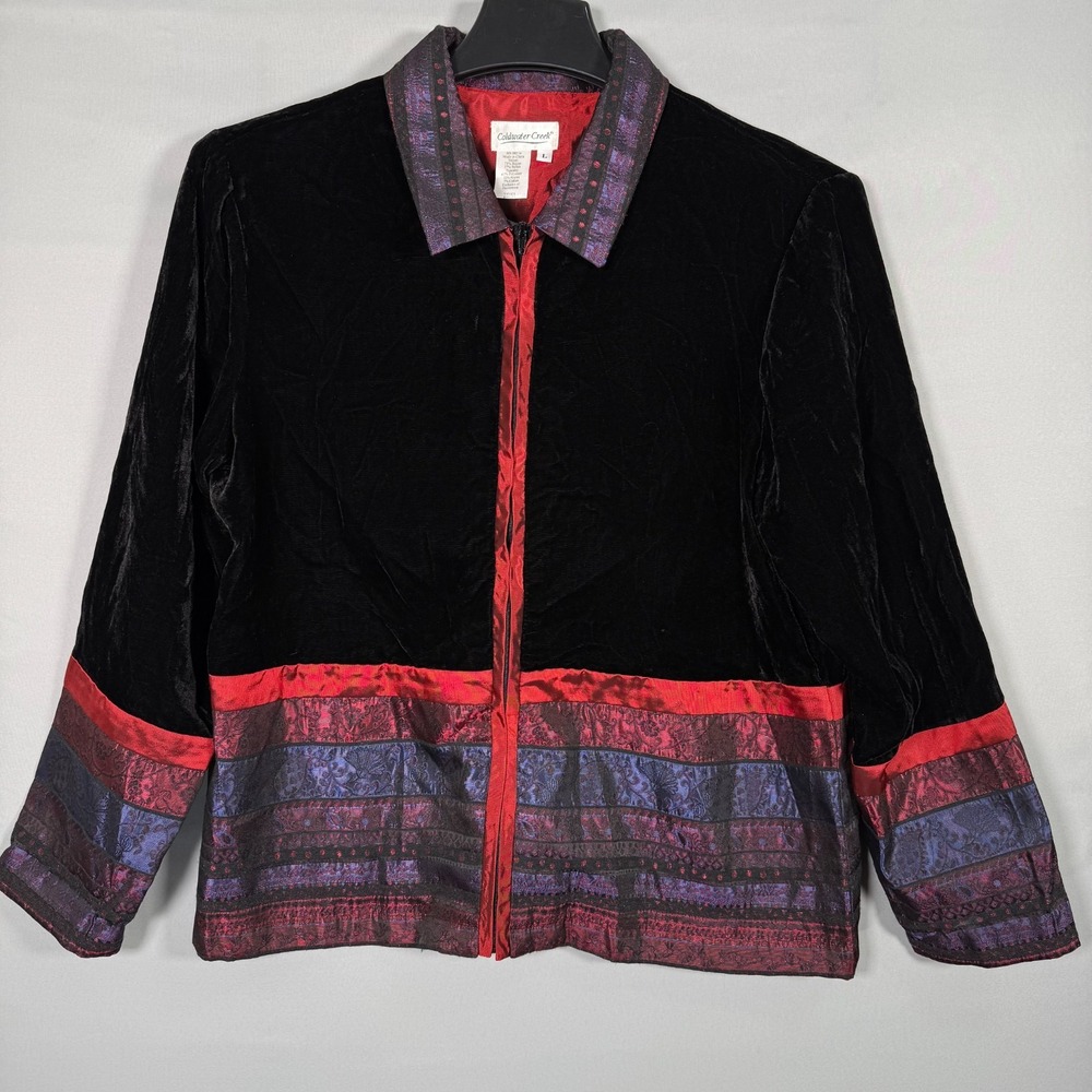 Women's Large COLDWATER CREEK Black Velvet‎ Beautiful Design Blazer Jacket Zip